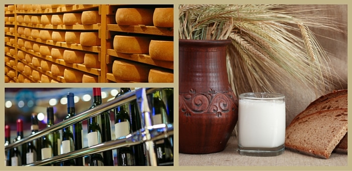 Images of bottles of wine in a store, bowls and bread and milk