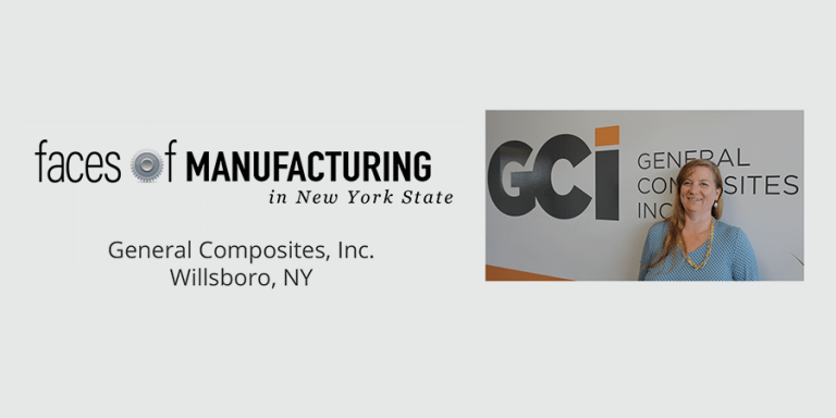 Faces of Manufacturing ad for the General Composites session featuring woman in front of the GCi sign