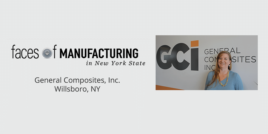 Faces of Manufacturing ad for the General Composites session featuring woman in front of the GCi sign