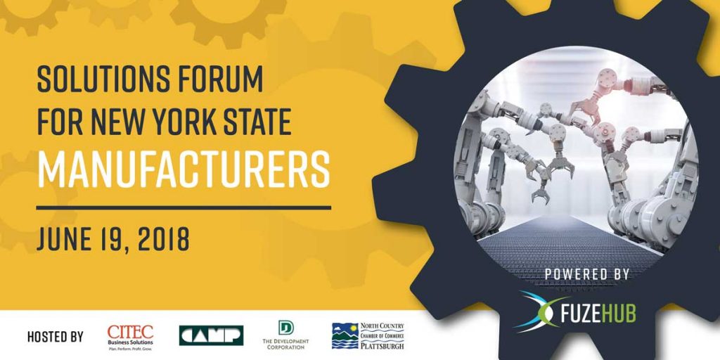 Solutions Forum for NYS Manufacturers, June 19, 2018, Powered by FuzeHub, image of a gear and inside of it there are robot arms