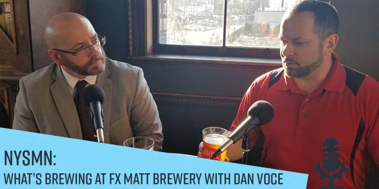 NYSMN: What's brewing at fx Matt brewery with Dan Voce, image of two men talking into microphones