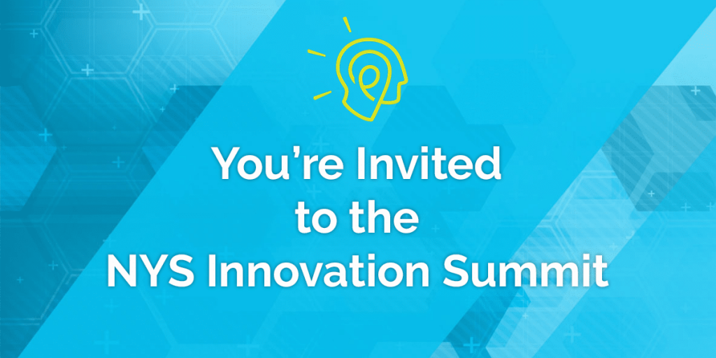On a blue tech themed background, "You're invited to the NYS Innovation Summit"