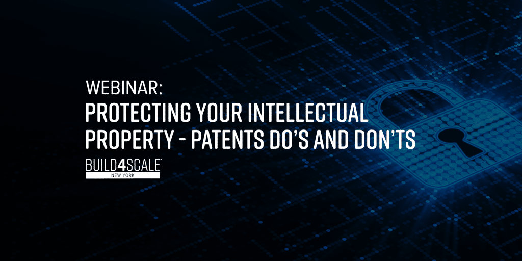 Banner image for protecting your intellectual property event showing a digital light blue padlock on a dark blue grid.