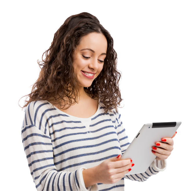 Woman smiling wearing a white sweater with blue stripes holding an iPad and reading.