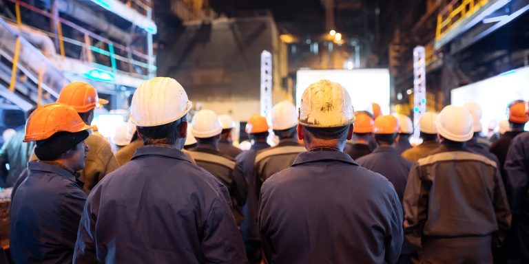 A group of industrial workers with hard hats standing together in a group.