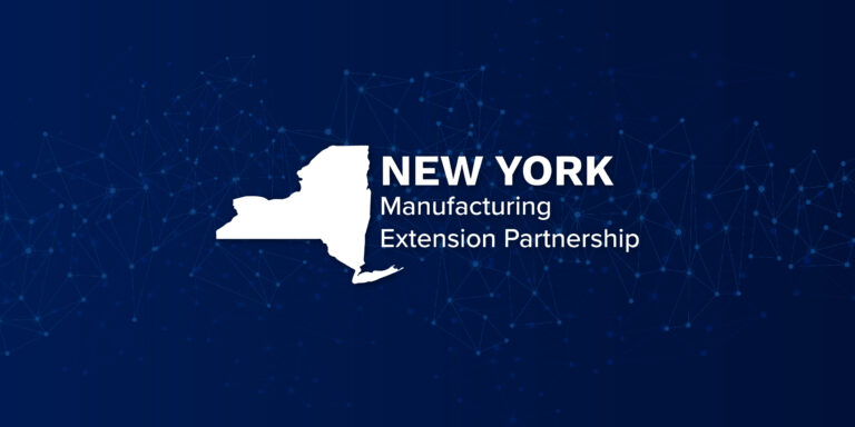 New York Manufacturing Extension Partnership Logo against a dark blue background with lighter blue connected dots behind it.