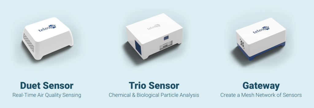 3 Telos Air products against a light blue background including the Duet Sensor, the Trio Sensor and the Gateway device.