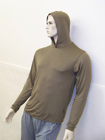 Mannequin modeling a green pullover hoodie and grey sweatpants.