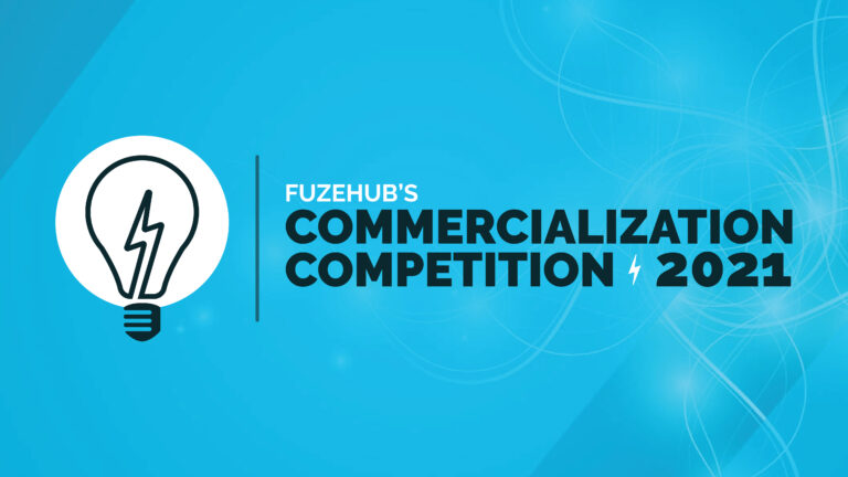 2021 FuzeHub Commercialization Competition logo on blue background with a white drawing of a lightbulb with a lighting bolt in it to the left of the words.