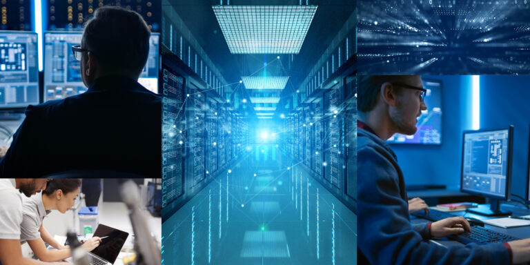 Graphic of data center surrounded by other images of workers at computers.