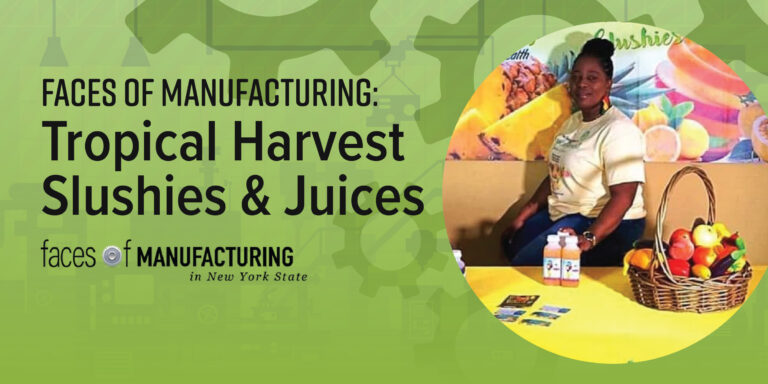 Tropical Harvest Slushies & Juices banner ad with woman sitting down near a basket of fruit and bottled juices.