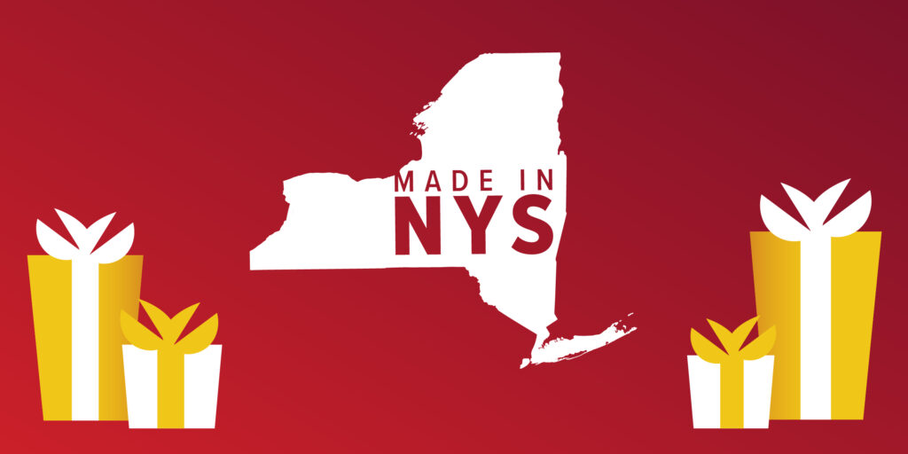 Map of NYS on a red background with "Made in NYS" inside the map and wrapped gifts on the lower left and right.