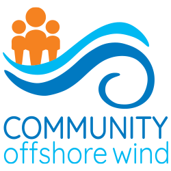 Community offshore wind logo featuring orange people shapes over a light and dark blue swoosh of wind