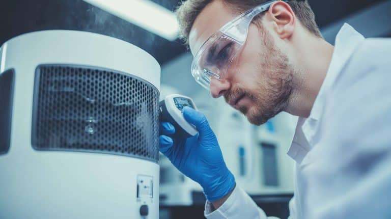 technician carefully measures air quality